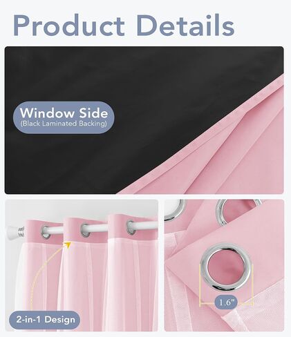 100% Blackout Curtains with Sheer Overlay, 2 Panels Thermal Insulated Double Layer Grommet Drapes for Girls Bedroom Living Room Darkening Apartment Windows Decor, 52" W x 84" L, Pink in Kuwait