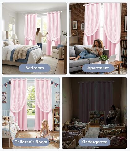 100% Blackout Curtains with Sheer Overlay, 2 Panels Thermal Insulated Double Layer Grommet Drapes for Girls Bedroom Living Room Darkening Apartment Windows Decor, 52" W x 84" L, Pink in Kuwait