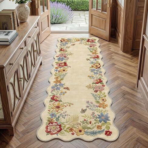 FMFUNCTEX 2x6 Runner Rug Floral Washable Beige Neutral Vintage Flower Botanical Cottage Boho Non Slip Low Pile Indoor Carpet Scalloped Hallway Entryway Rugs for Kitchen Bedroom Laundry Entry Bedside in Kuwait