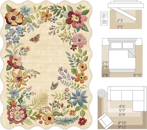 FMFUNCTEX 2x6 Runner Rug Floral Washable Beige Neutral Vintage Flower Botanical Cottage Boho Non Slip Low Pile Indoor Carpet Scalloped Hallway Entryway Rugs for Kitchen Bedroom Laundry Entry Bedside in Kuwait