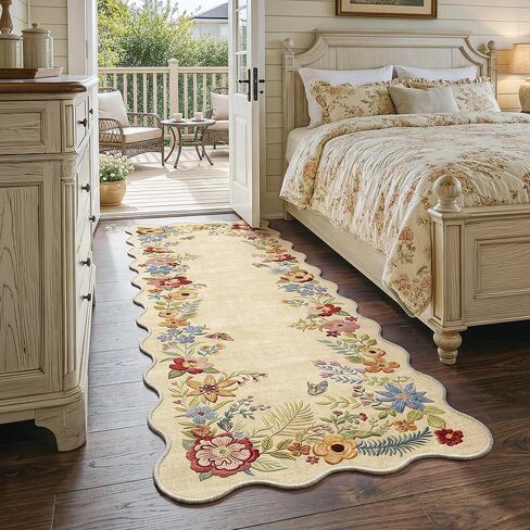FMFUNCTEX 2x6 Runner Rug Floral Washable Beige Neutral Vintage Flower Botanical Cottage Boho Non Slip Low Pile Indoor Carpet Scalloped Hallway Entryway Rugs for Kitchen Bedroom Laundry Entry Bedside in Kuwait