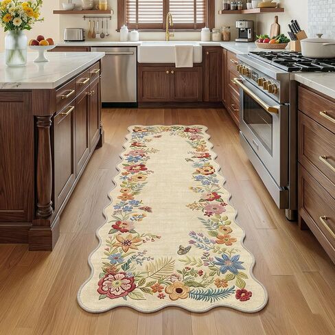 FMFUNCTEX 2x6 Runner Rug Floral Washable Beige Neutral Vintage Flower Botanical Cottage Boho Non Slip Low Pile Indoor Carpet Scalloped Hallway Entryway Rugs for Kitchen Bedroom Laundry Entry Bedside in Kuwait