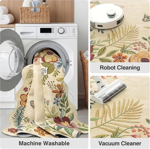 FMFUNCTEX 2x6 Runner Rug Floral Washable Beige Neutral Vintage Flower Botanical Cottage Boho Non Slip Low Pile Indoor Carpet Scalloped Hallway Entryway Rugs for Kitchen Bedroom Laundry Entry Bedside in Kuwait