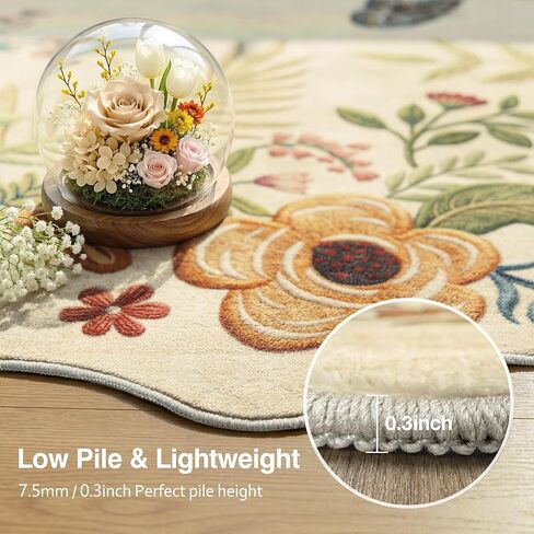 FMFUNCTEX 2x6 Runner Rug Floral Washable Beige Neutral Vintage Flower Botanical Cottage Boho Non Slip Low Pile Indoor Carpet Scalloped Hallway Entryway Rugs for Kitchen Bedroom Laundry Entry Bedside in Kuwait
