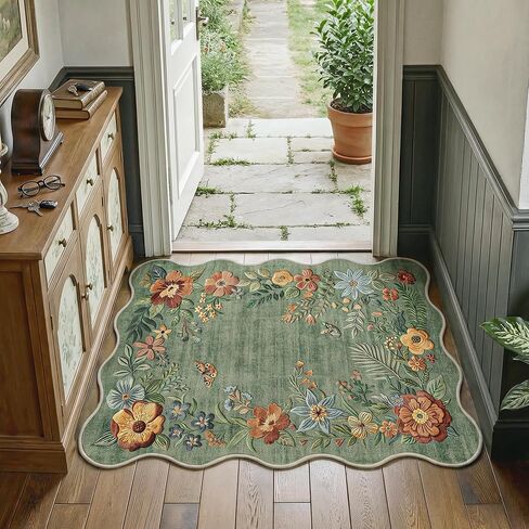 FMFUNCTEX 2x6 Runner Rug Floral Washable Beige Neutral Vintage Flower Botanical Cottage Boho Non Slip Low Pile Indoor Carpet Scalloped Hallway Entryway Rugs for Kitchen Bedroom Laundry Entry Bedside in Kuwait
