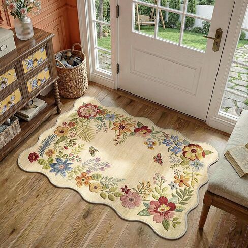 FMFUNCTEX 2x6 Runner Rug Floral Washable Beige Neutral Vintage Flower Botanical Cottage Boho Non Slip Low Pile Indoor Carpet Scalloped Hallway Entryway Rugs for Kitchen Bedroom Laundry Entry Bedside in Kuwait
