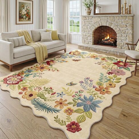 FMFUNCTEX 2x6 Runner Rug Floral Washable Beige Neutral Vintage Flower Botanical Cottage Boho Non Slip Low Pile Indoor Carpet Scalloped Hallway Entryway Rugs for Kitchen Bedroom Laundry Entry Bedside in Kuwait