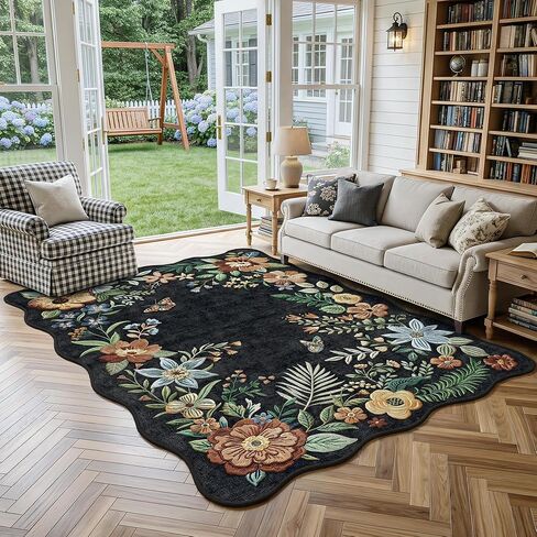 FMFUNCTEX 2x6 Runner Rug Floral Washable Beige Neutral Vintage Flower Botanical Cottage Boho Non Slip Low Pile Indoor Carpet Scalloped Hallway Entryway Rugs for Kitchen Bedroom Laundry Entry Bedside in Kuwait