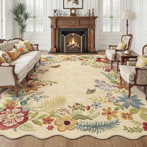FMFUNCTEX 2x6 Runner Rug Floral Washable Beige Neutral Vintage Flower Botanical Cottage Boho Non Slip Low Pile Indoor Carpet Scalloped Hallway Entryway Rugs for Kitchen Bedroom Laundry Entry Bedside in Kuwait
