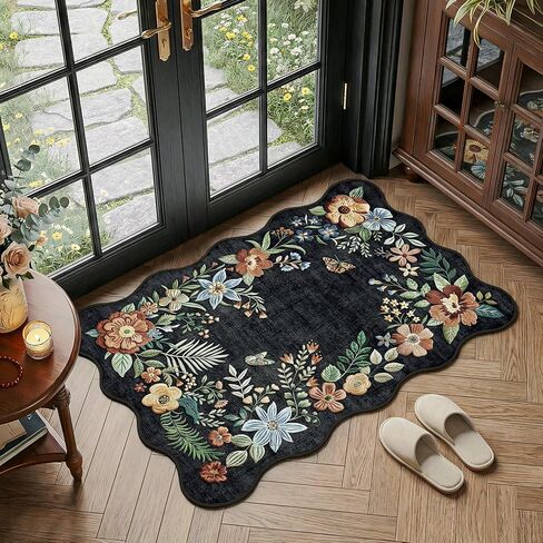 FMFUNCTEX 2x6 Runner Rug Floral Washable Beige Neutral Vintage Flower Botanical Cottage Boho Non Slip Low Pile Indoor Carpet Scalloped Hallway Entryway Rugs for Kitchen Bedroom Laundry Entry Bedside in Kuwait