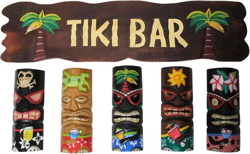 WorldBazzar HANDMADE 39" TIKI BAR SIGN & SET OF 5 TIKI MASKS 12" POLYNESIAN HAWAIIAN WALL ART RUSTIC TROPICAL ISLAND DECOR in Saudi Arabia