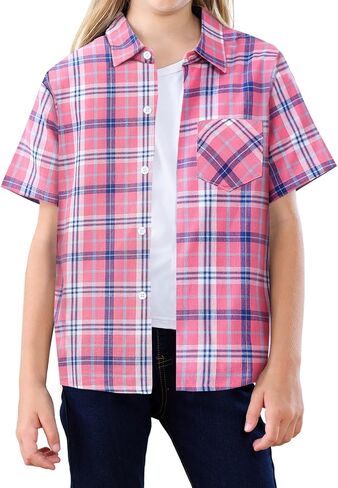 SANGTREE Girls and Women Plaid Shirt Short Sleeve Button Down Summer Blouses Tops in Kuwait