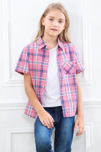 SANGTREE Girls and Women Plaid Shirt Short Sleeve Button Down Summer Blouses Tops in Kuwait