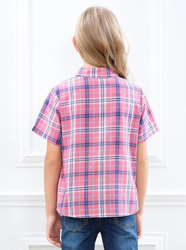 SANGTREE Girls and Women Plaid Shirt Short Sleeve Button Down Summer Blouses Tops in Kuwait