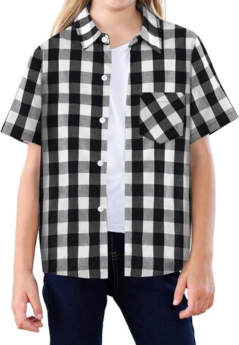 SANGTREE Girls and Women Plaid Shirt Short Sleeve Button Down Summer Blouses Tops in Kuwait