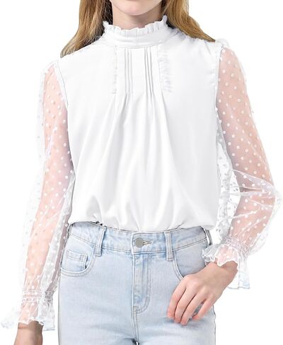 Rolanko Girls Long Sleeve Shirts Chiffon Blouses with Polka Dot Ruffle Cuffs Cute Frill Neck Tops for Girls Spring Fall 7-13Y in Kuwait