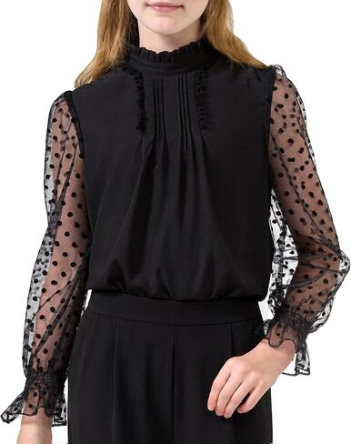 Rolanko Girls Long Sleeve Shirts Chiffon Blouses with Polka Dot Ruffle Cuffs Cute Frill Neck Tops for Girls Spring Fall 7-13Y in Kuwait