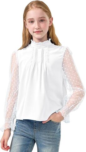 Rolanko Girls Long Sleeve Shirts Chiffon Blouses with Polka Dot Ruffle Cuffs Cute Frill Neck Tops for Girls Spring Fall 7-13Y in Kuwait
