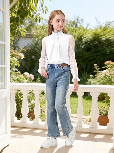 Rolanko Girls Long Sleeve Shirts Chiffon Blouses with Polka Dot Ruffle Cuffs Cute Frill Neck Tops for Girls Spring Fall 7-13Y in Kuwait