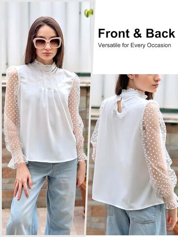 Rolanko Girls Long Sleeve Shirts Chiffon Blouses with Polka Dot Ruffle Cuffs Cute Frill Neck Tops for Girls Spring Fall 7-13Y in Kuwait