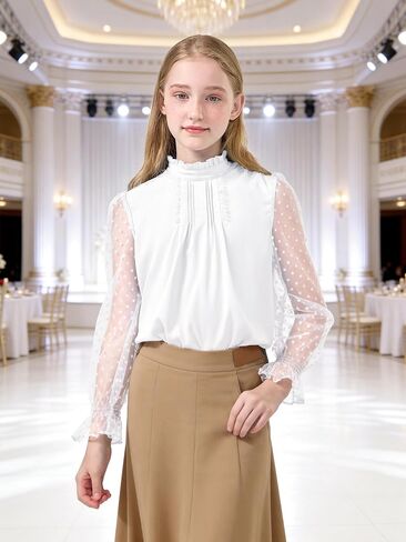 Rolanko Girls Long Sleeve Shirts Chiffon Blouses with Polka Dot Ruffle Cuffs Cute Frill Neck Tops for Girls Spring Fall 7-13Y in Kuwait