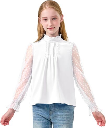 Rolanko Girls Long Sleeve Shirts Chiffon Blouses with Polka Dot Ruffle Cuffs Cute Frill Neck Tops for Girls Spring Fall 7-13Y in Kuwait