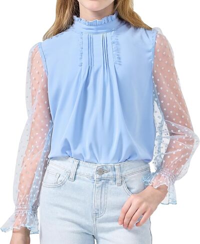 Rolanko Girls Long Sleeve Shirts Chiffon Blouses with Polka Dot Ruffle Cuffs Cute Frill Neck Tops for Girls Spring Fall 7-13Y in Kuwait