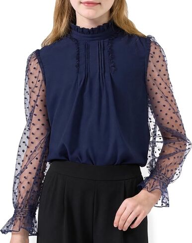 Rolanko Girls Long Sleeve Shirts Chiffon Blouses with Polka Dot Ruffle Cuffs Cute Frill Neck Tops for Girls Spring Fall 7-13Y in Kuwait