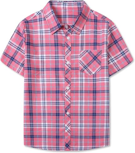 SANGTREE Girls and Women Plaid Shirt Short Sleeve Button Down Summer Blouses Tops in Kuwait