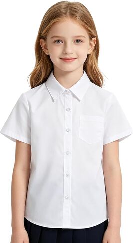 LOLANTA Girls Short Sleeve Button Down Shirts Kids Stretch Summer Dress Shirts Stain Repellent Uniform Blouse with Pocket in Kuwait