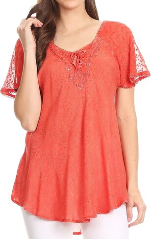 Sakkas Ellie Sequin Embroidered Cap Sleeve Scoop Neck Relaxed Fit Blouse in Kuwait