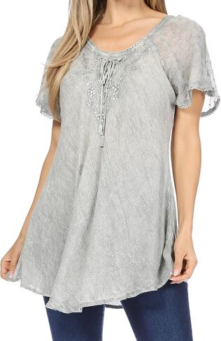 Sakkas Ellie Sequin Embroidered Cap Sleeve Scoop Neck Relaxed Fit Blouse in Kuwait