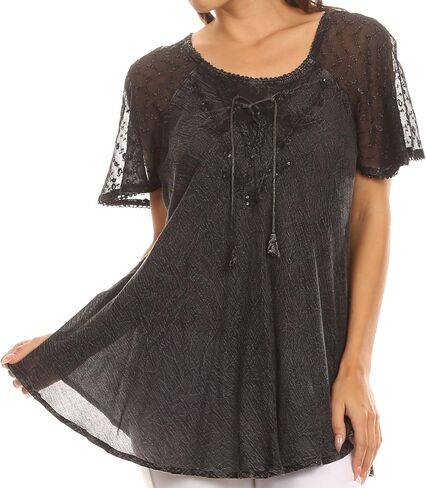 Sakkas Ellie Sequin Embroidered Cap Sleeve Scoop Neck Relaxed Fit Blouse in Kuwait