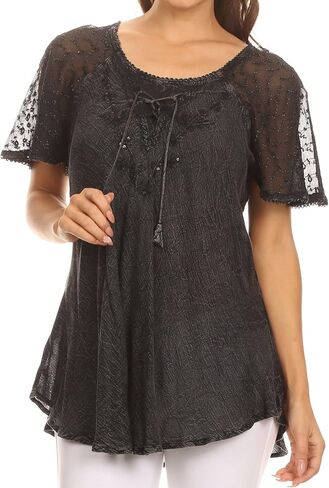 Sakkas Ellie Sequin Embroidered Cap Sleeve Scoop Neck Relaxed Fit Blouse in Kuwait