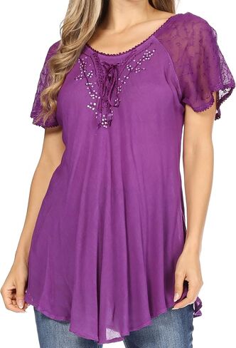 Sakkas Ellie Sequin Embroidered Cap Sleeve Scoop Neck Relaxed Fit Blouse in Kuwait