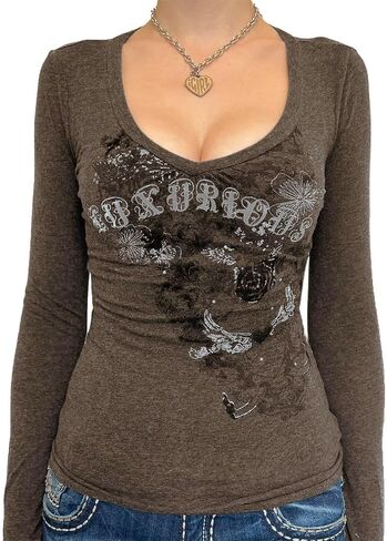 Foidiccx Long Sleeve Grunge T Shirts Y2k Gothic Graphic Print Oversized Tops Women Teen Girls Emo Goth Baggy Tees Streetwear in Kuwait