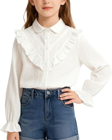 Happy Cherry Girls Button Puff Long Sleeve Shirts Cotton Blouse for Kids with Frill Detail Cute Casual Button Down Tops in Kuwait