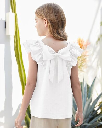 Girls Blouse Cute Shirts for Girls Tie Back Ruffle Short Sleeve Crewneck Shirts Summer Tops 5-14Years in Saudi Arabia