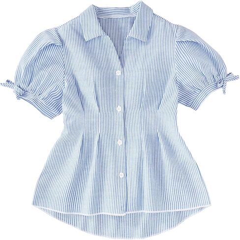 OYOANGLE Girl's Striped Puff Short Sleeve Blouse Collared V Neck Button Down Shirt Tops in Kuwait