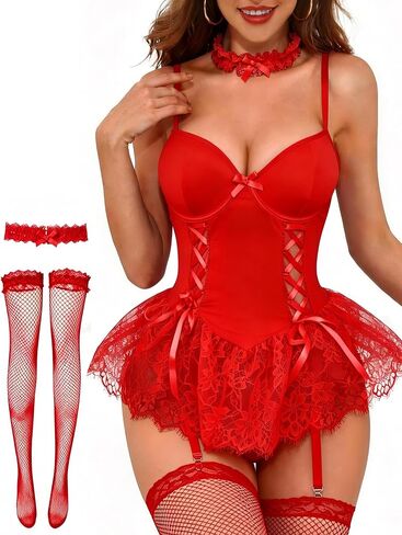 Sexy lingerie Set for Women Lace Up Corset Babydoll Underwire Lingerie Outfit with Choker, Stockings, Thong S-5XL in Kuwait