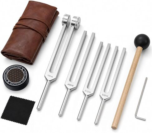 QWORK Tuning Fork Set - 128Hz, 432Hz, 512Hz, 528Hz Weighted & Unweighted Frequency Tools with Mallet, Sound Healing Instruments for Yoga, Meditation & Mindfulness in Kuwait