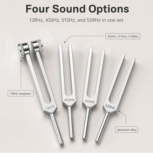 QWORK Tuning Fork Set - 128Hz, 432Hz, 512Hz, 528Hz Weighted & Unweighted Frequency Tools with Mallet, Sound Healing Instruments for Yoga, Meditation & Mindfulness in Kuwait
