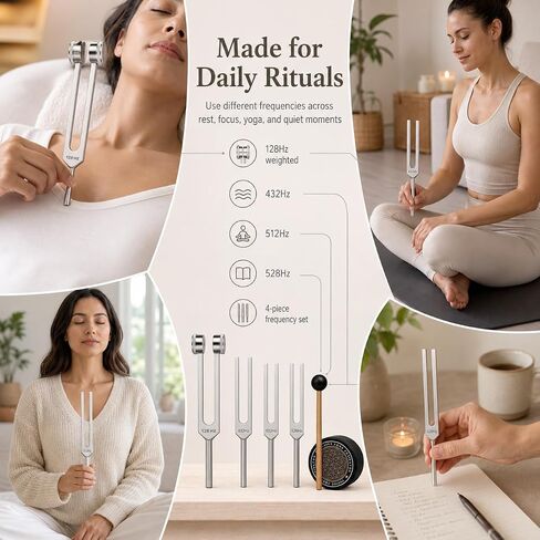 QWORK Tuning Fork Set - 128Hz, 432Hz, 512Hz, 528Hz Weighted & Unweighted Frequency Tools with Mallet, Sound Healing Instruments for Yoga, Meditation & Mindfulness in Kuwait