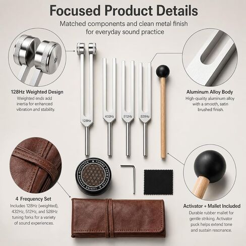 QWORK Tuning Fork Set - 128Hz, 432Hz, 512Hz, 528Hz Weighted & Unweighted Frequency Tools with Mallet, Sound Healing Instruments for Yoga, Meditation & Mindfulness in Kuwait