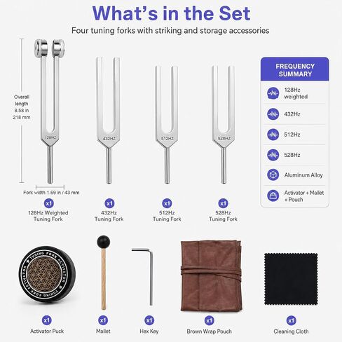 QWORK Tuning Fork Set - 128Hz, 432Hz, 512Hz, 528Hz Weighted & Unweighted Frequency Tools with Mallet, Sound Healing Instruments for Yoga, Meditation & Mindfulness in Kuwait