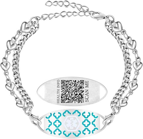 Uloveido Stainless Steel Medical Alert Bracelet for Women | Double Layer Heart Chain Medical ID Bracelet & Dual Lobster Clasp | Laser Engraved or Dynamic QR Code Emergency Contact ID Jewelry in Kuwait