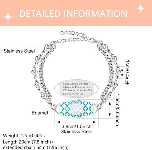 Uloveido Stainless Steel Medical Alert Bracelet for Women | Double Layer Heart Chain Medical ID Bracelet & Dual Lobster Clasp | Laser Engraved or Dynamic QR Code Emergency Contact ID Jewelry in Kuwait