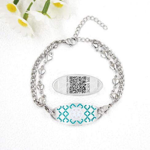 Uloveido Stainless Steel Medical Alert Bracelet for Women | Double Layer Heart Chain Medical ID Bracelet & Dual Lobster Clasp | Laser Engraved or Dynamic QR Code Emergency Contact ID Jewelry in Kuwait