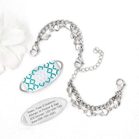 Uloveido Stainless Steel Medical Alert Bracelet for Women | Double Layer Heart Chain Medical ID Bracelet & Dual Lobster Clasp | Laser Engraved or Dynamic QR Code Emergency Contact ID Jewelry in Kuwait