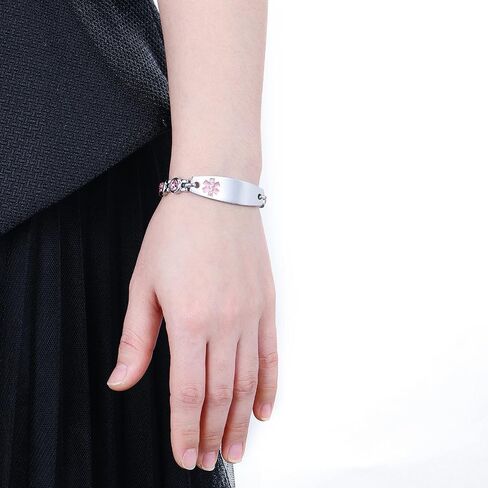 Personalized Medical Alert Bracelets for Women, Free Engraving Stainless Steel Medical ID Bracelets, Customizable Medical Bracelet Inlaid with CZ, Comes with Medical Card in Saudi Arabia